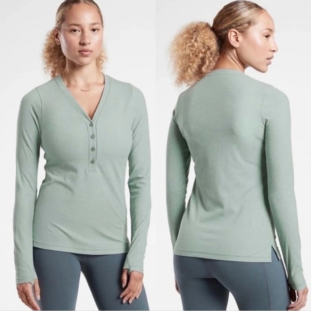 Athleta Uptempo Ribbed Long Sleeve Henley Top Green Size Small